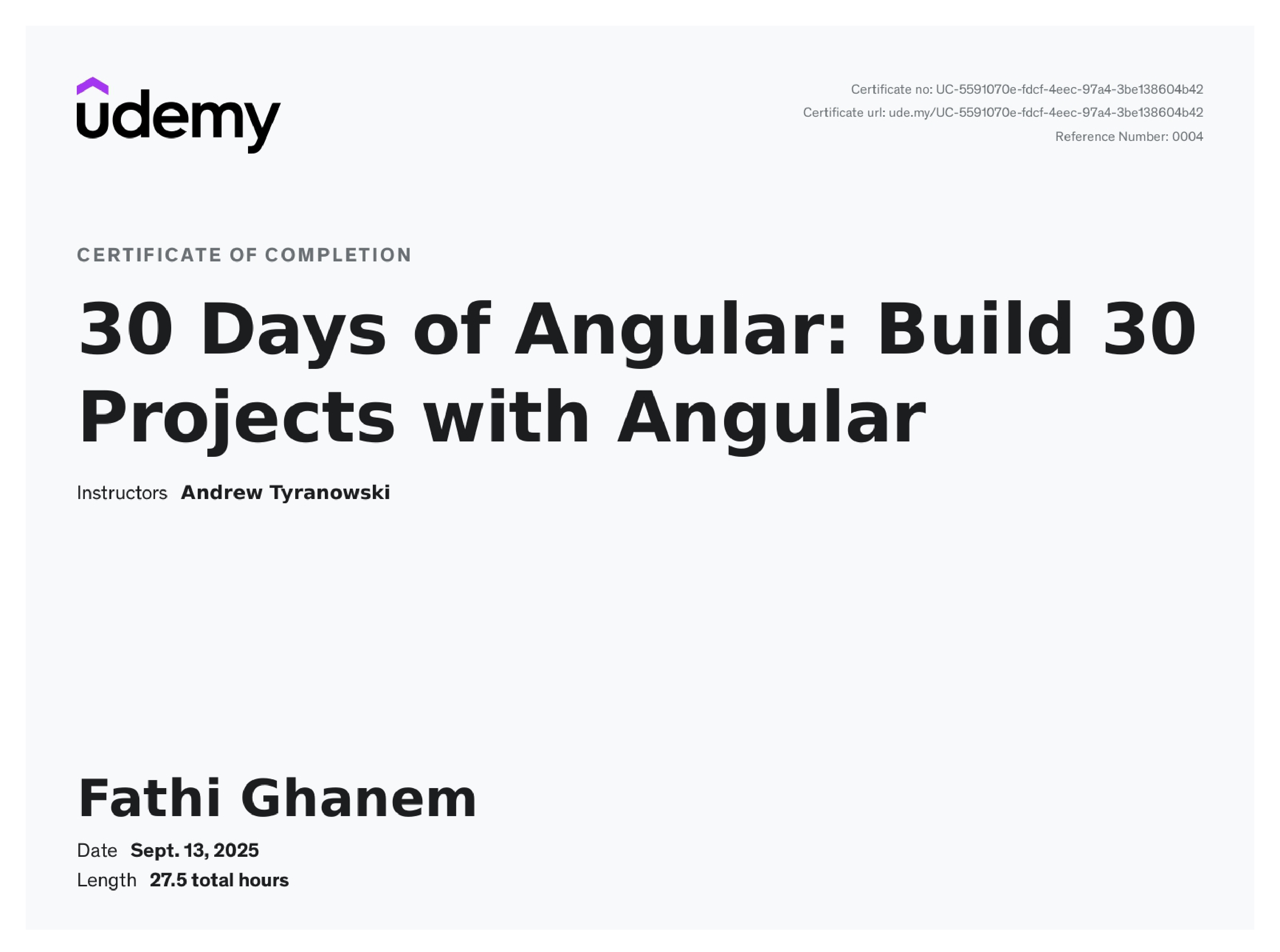 30 Days of Angular: Build 30 Projects with Angular certificate