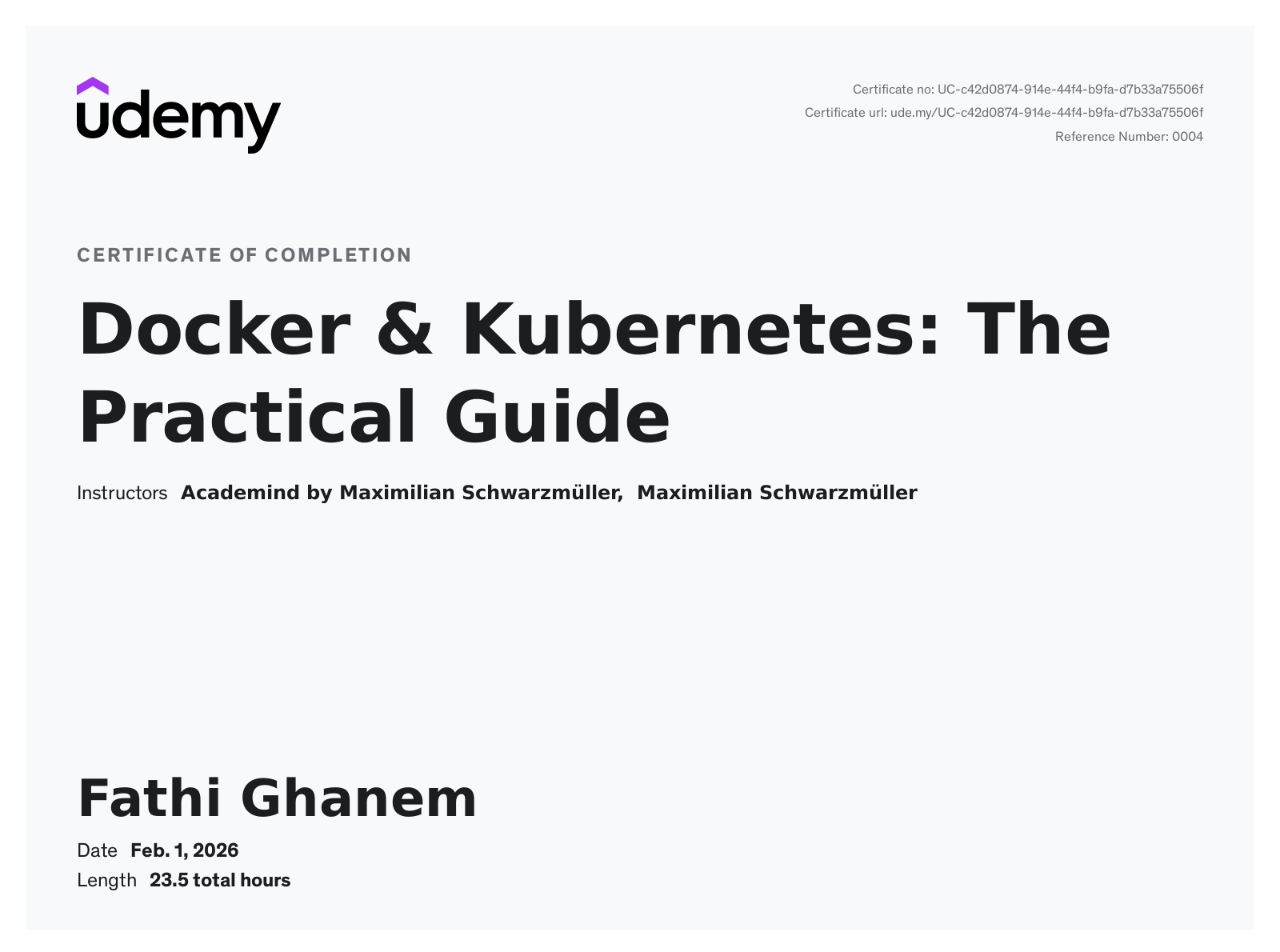 Docker & Kubernetes: The Practical Guide certificate