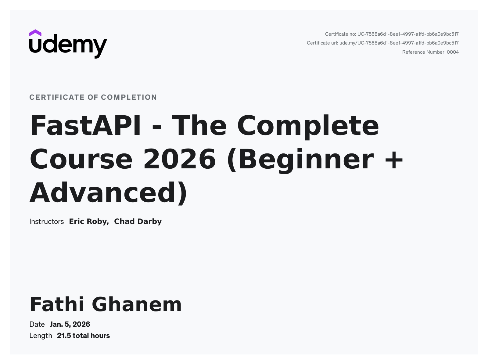 FastAPI - The Complete Course 2026 (Beginner + Advanced)  certificate