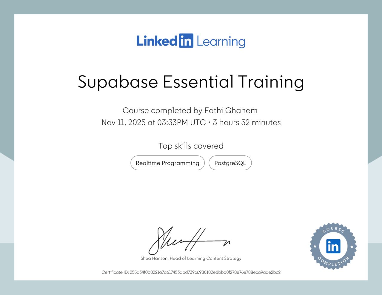 Supabase Essential Training certificate