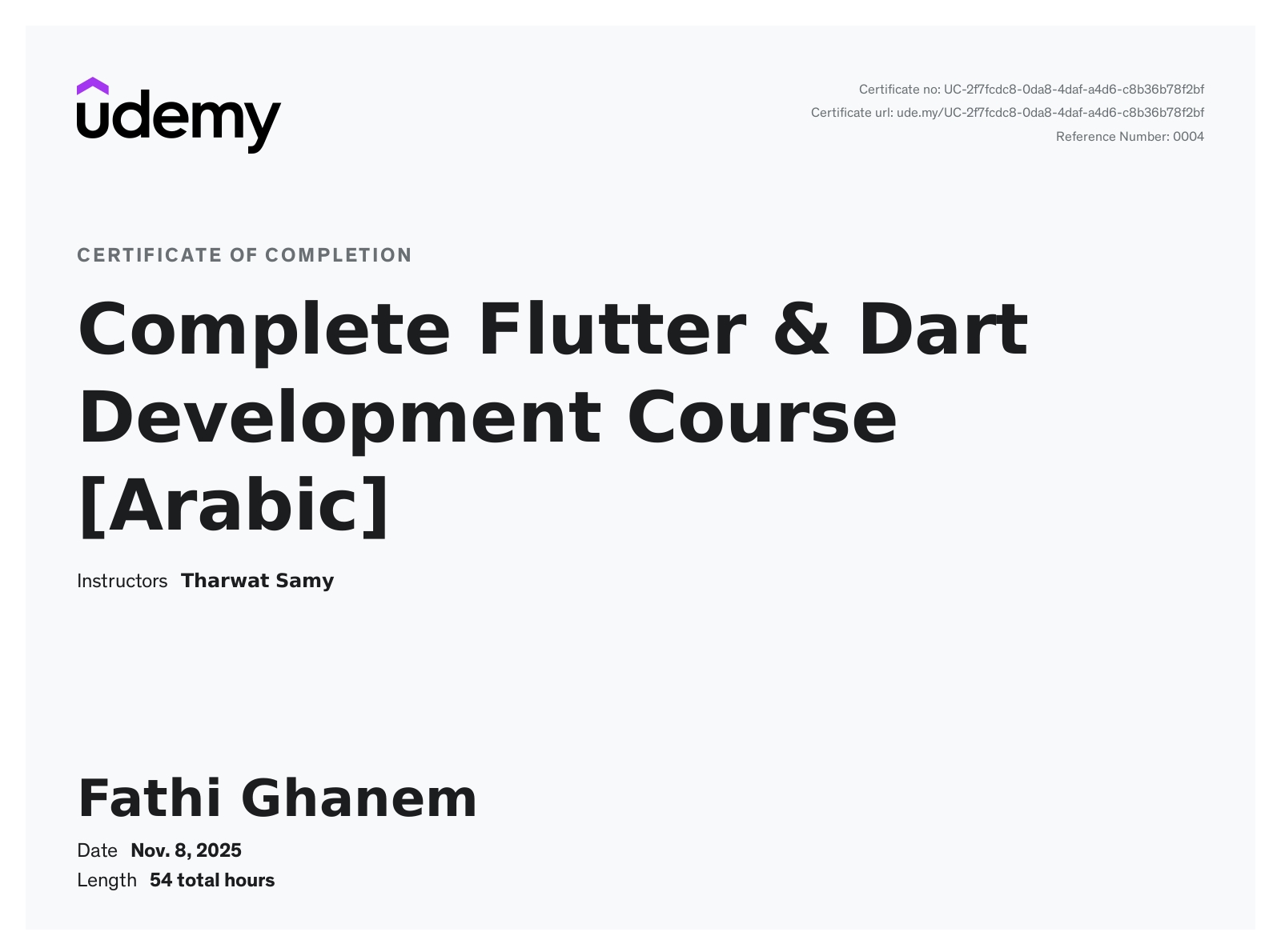 Complete Flutter & Dart Development Course [Arabic]  certificate