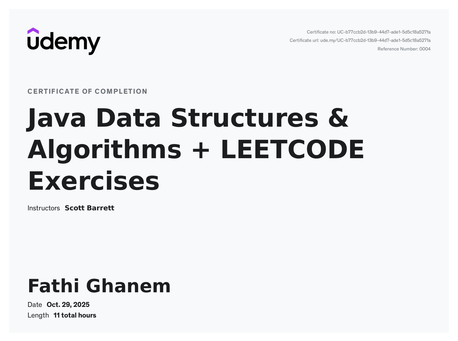Java Data Structures & Algorithms + LEETCODE Exercises certificate