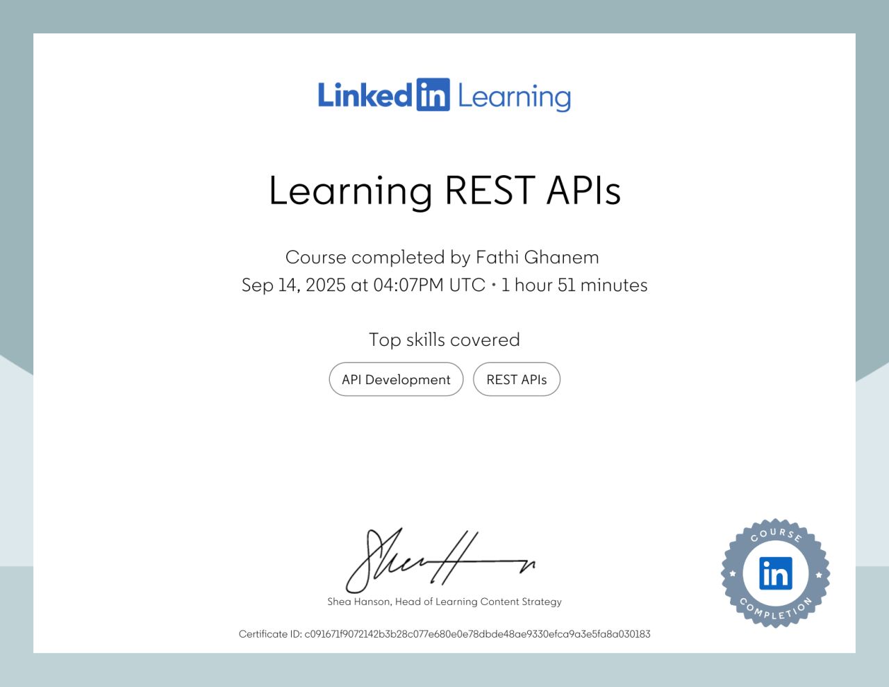 Learning REST APIs certificate