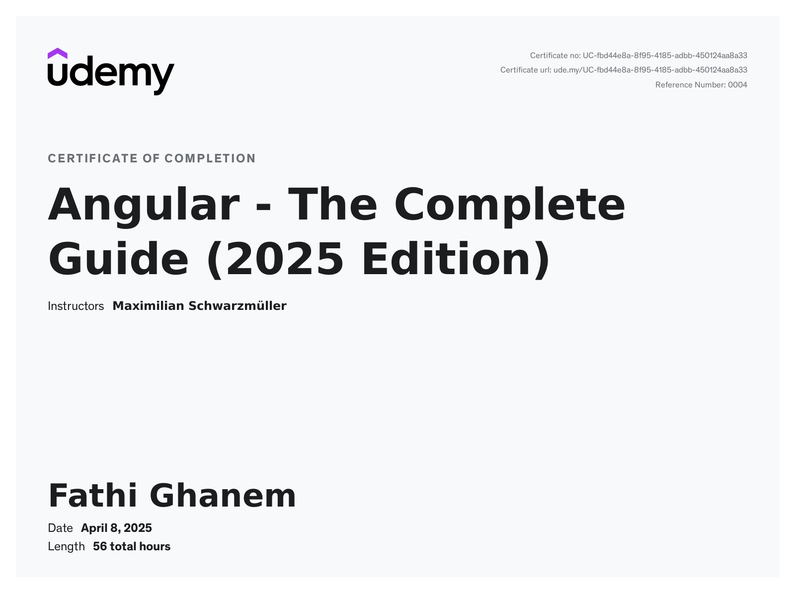 Angular - The Complete Guide certificate