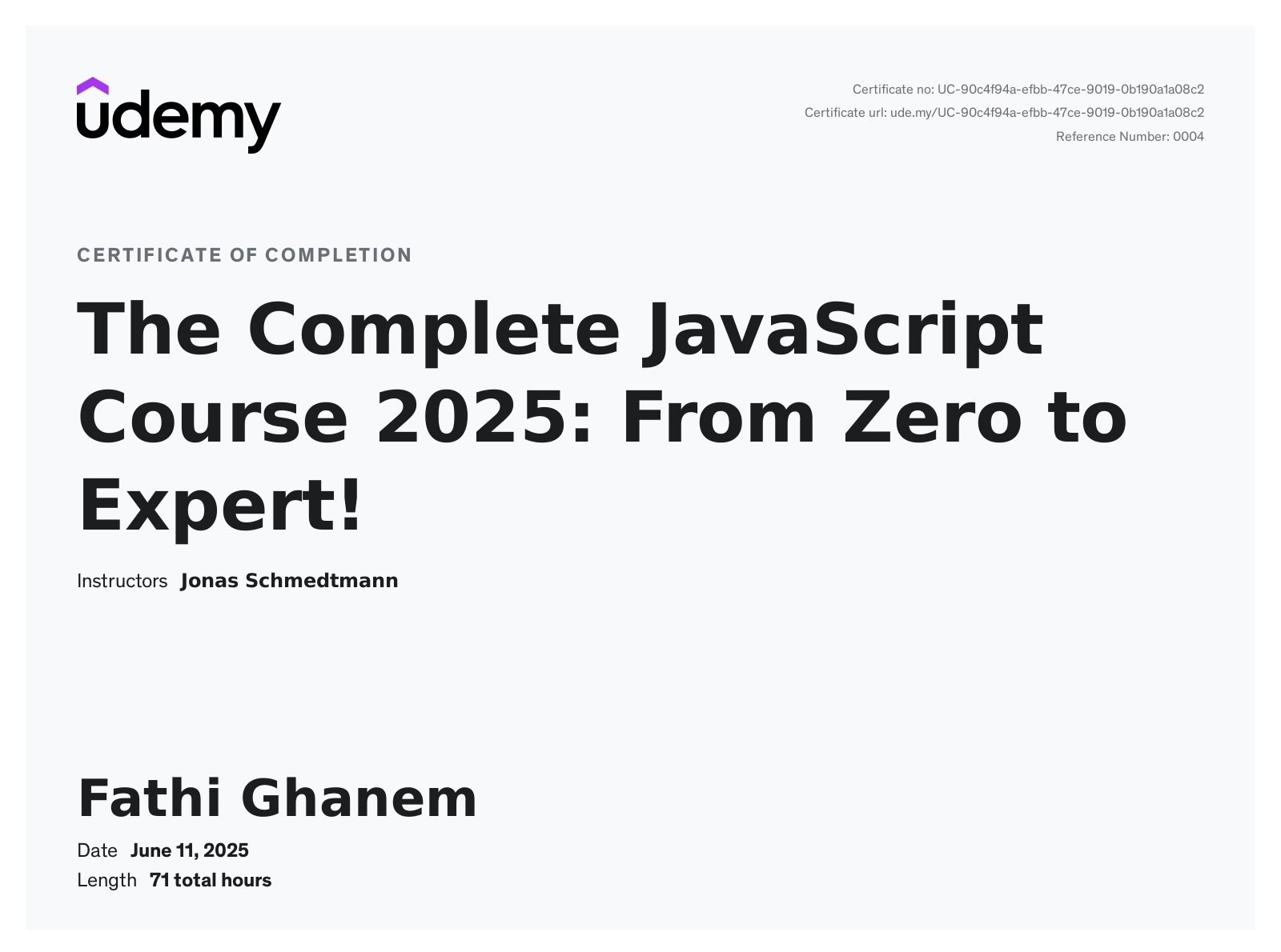 The Complete JavaScript Course 2025 certificate