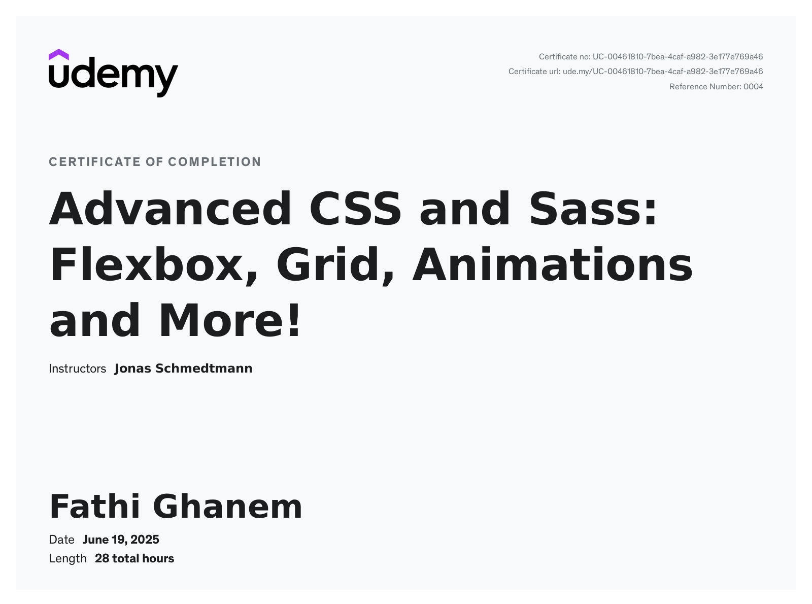 Advanced CSS and Sass: Flexbox, Grid, Animations and More! certificate