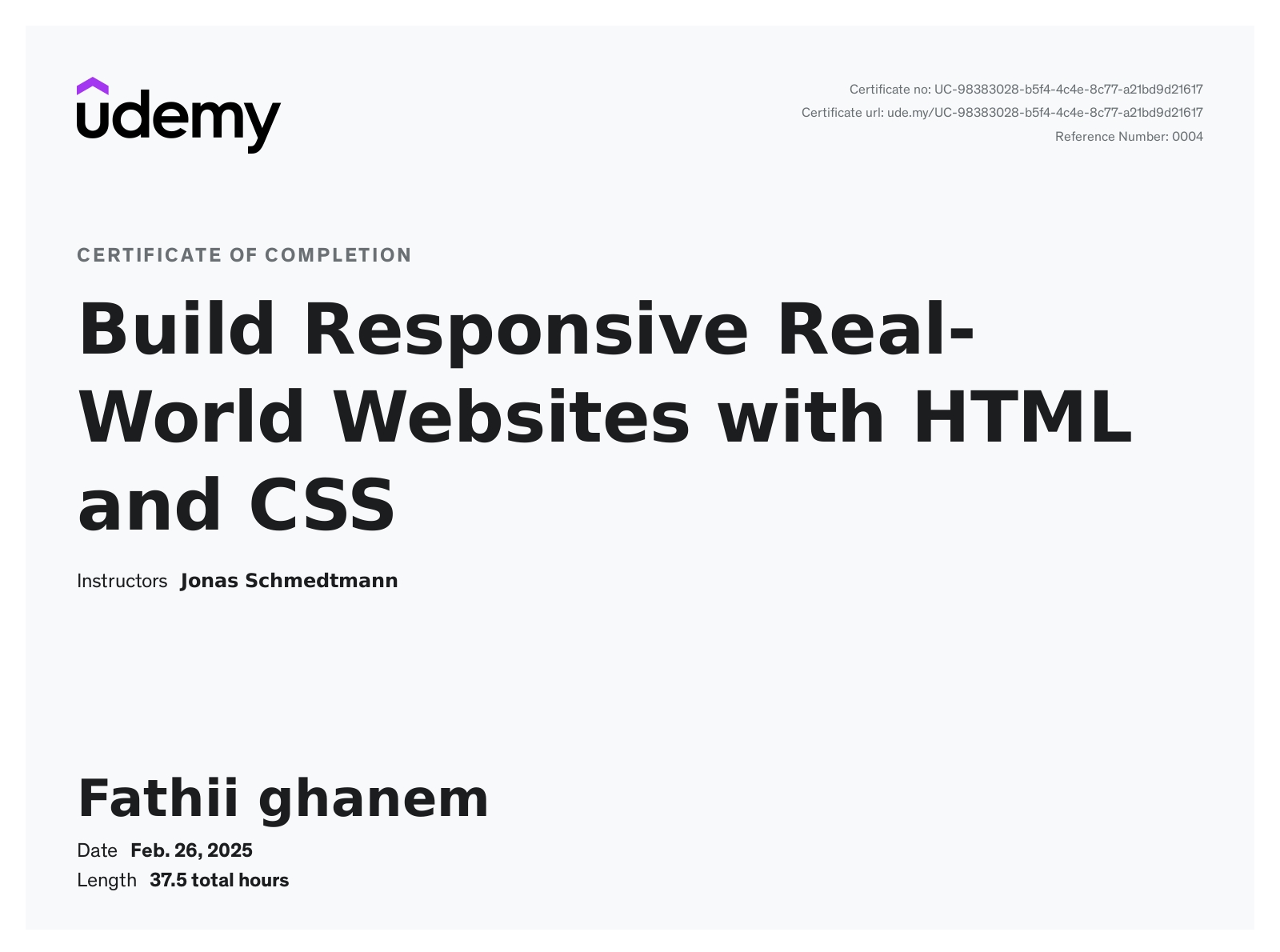 Build Responsive Real-World Websites with HTML and CSS  certificate